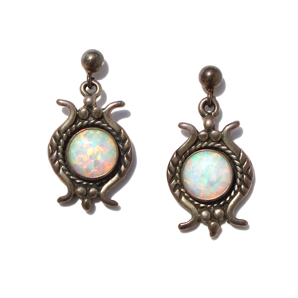 Vintage Opal Sterling Silver Dangle Earrings Created Opals Large Round Estate